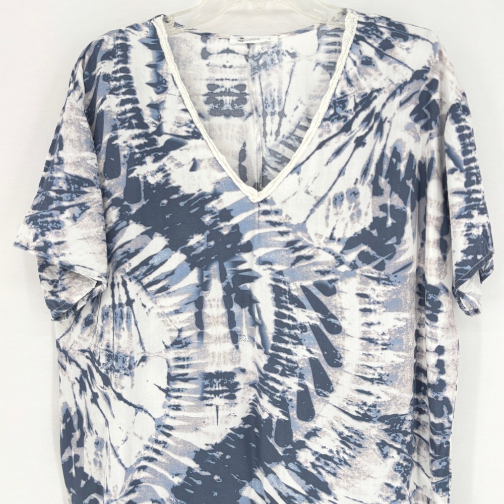 Cupshe Tie Dye V Neck Midi Dress Kaftan Cover Up Blue White Size S - Picture 2 of 7